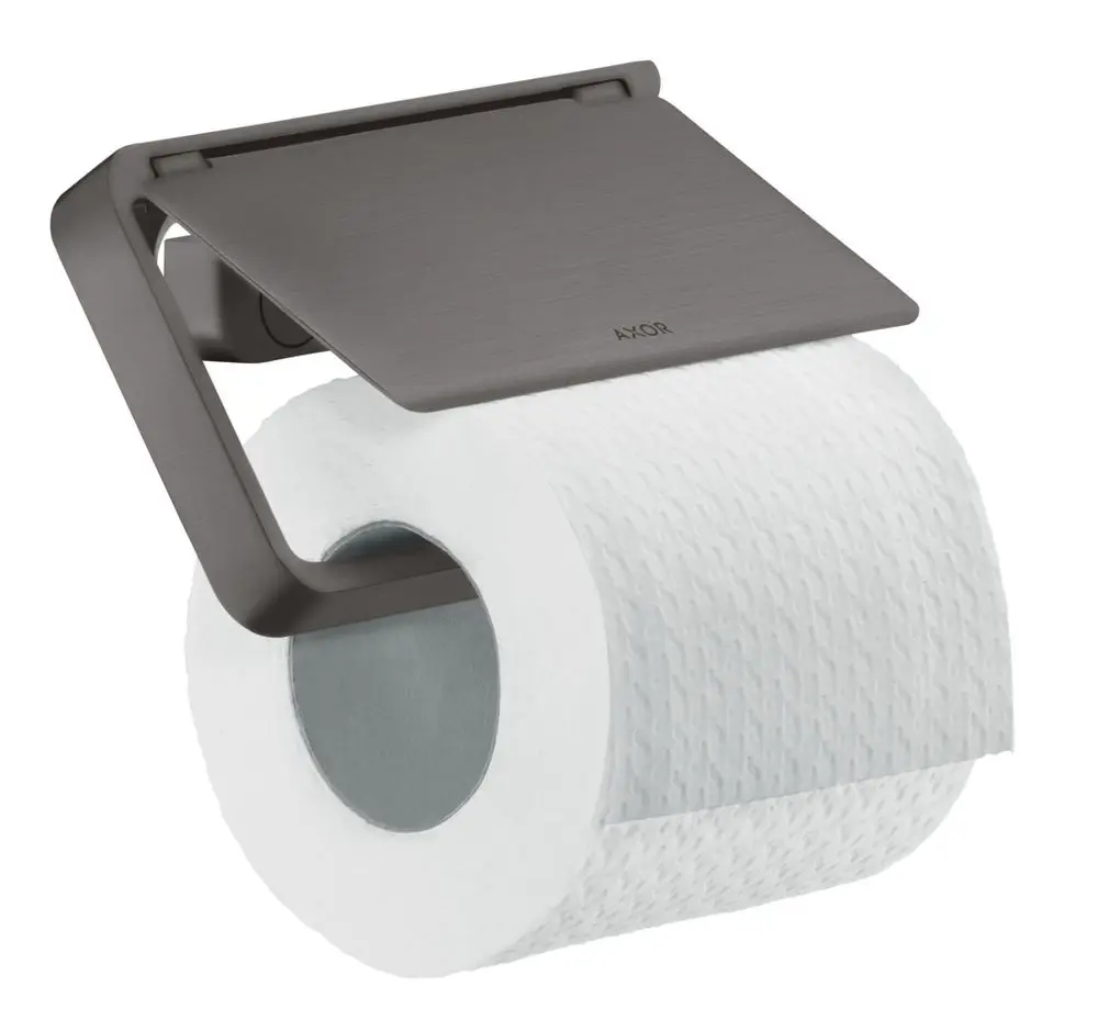 Toilettenpapierhalter in brushed black chrome von AXOR mit abgedecktem Design, der eine Rolle Toilettenpapier hält, montiert an einer Wand.